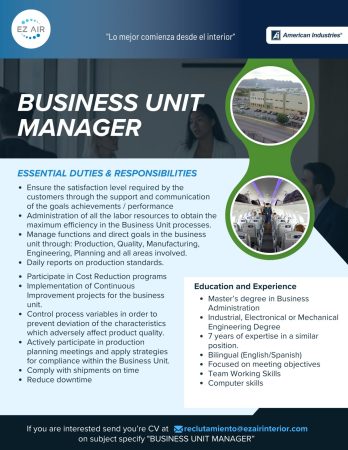 VACANTE CHIHUAHUA - MAQUILA - BUSINESS UNIT MANAGER