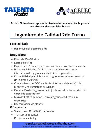 VACANTE CHIHUAHUA - MAQUILA - INGENIERO DE CALIDAD