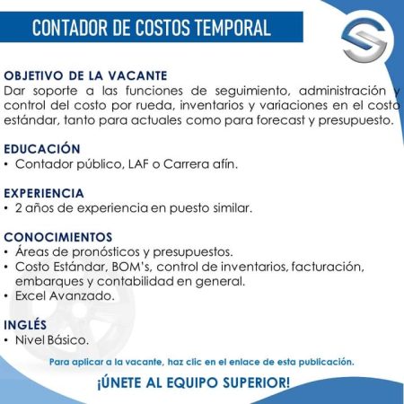 VACANTES CHIHUAHUA - MAQUILA - CONTADOR DE COSTOS TEMPORAL